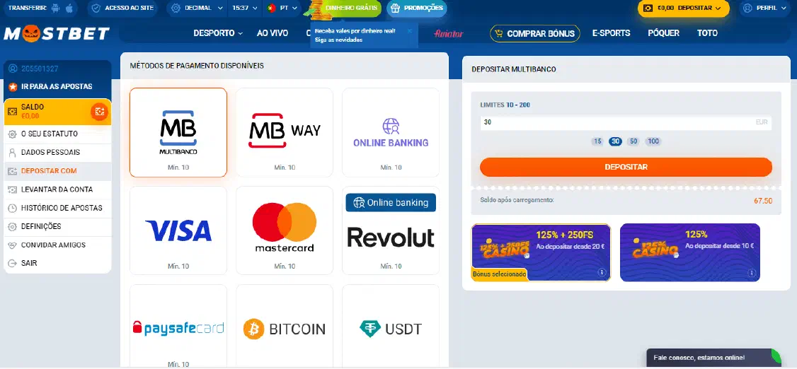 Métodos disponíveis Most Bet